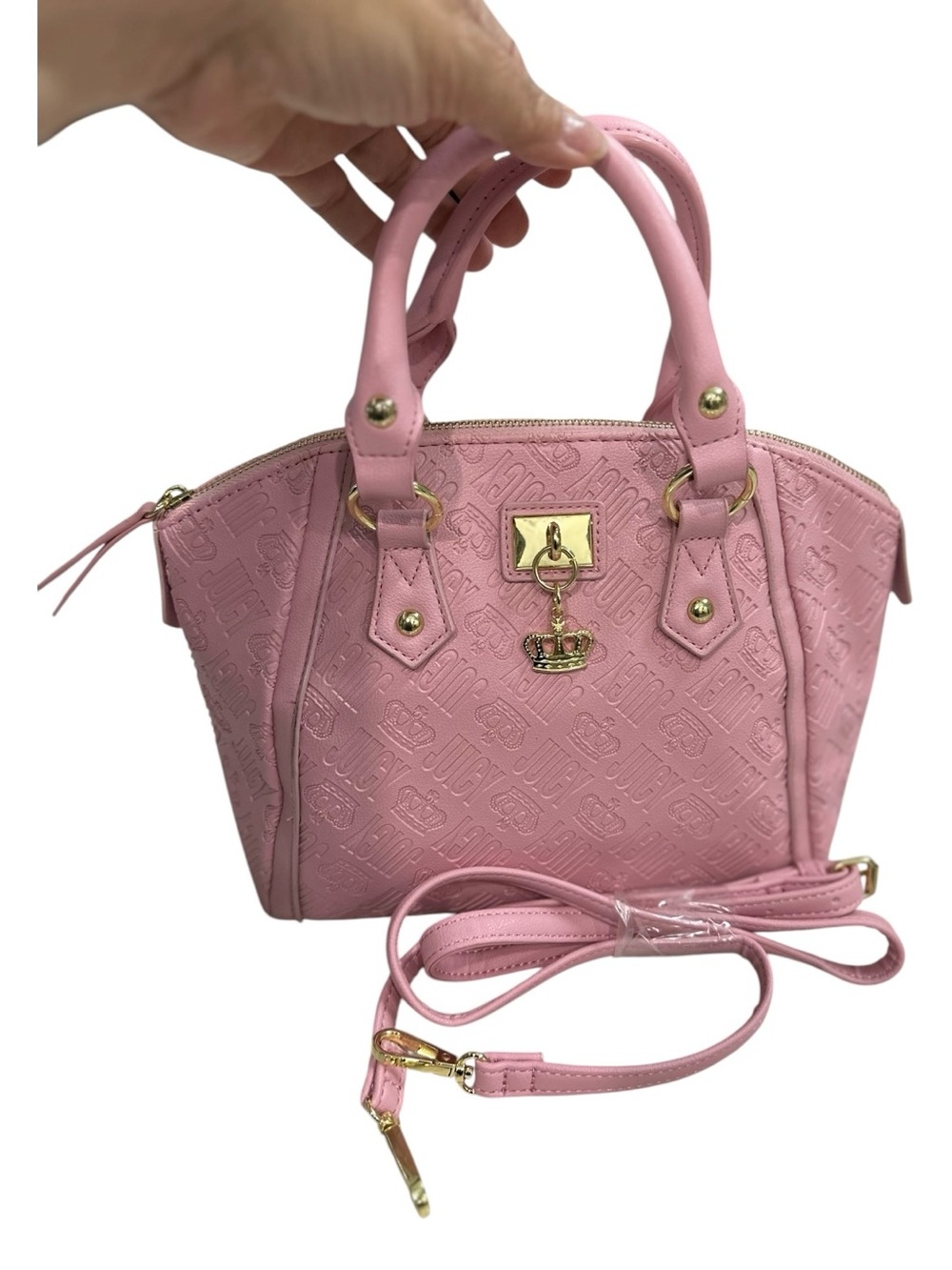 Juicy Couture Pink Embossed Mini Satchel with Gold Crown Accent And Crossbody